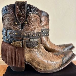 Corral Fringe Booties with Buckle, Sz. 6.5M